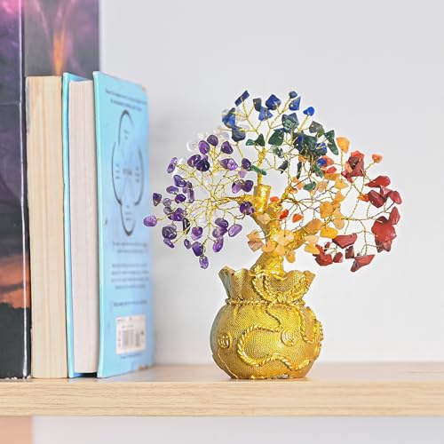 ZAICUS Seven Chakra Crystal Tree with Golden Money Bag Base – Feng Shui Gemstone Bonsai Tree for Home Decor, Lucky Wealth Showpiece for Living Room, Office Desk Decoration & Gift (7 X 3 Inch) - Image 5