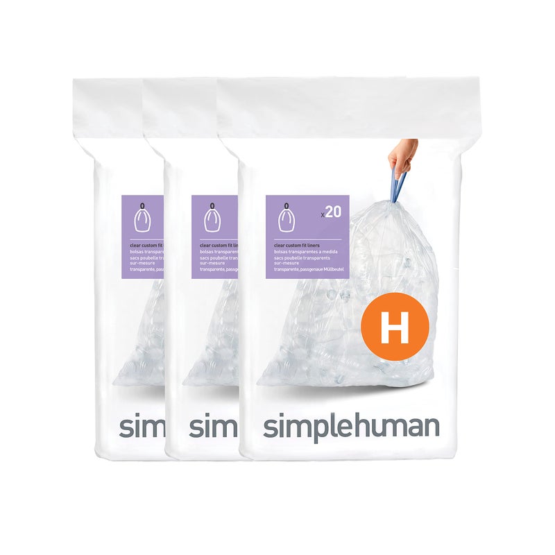 simplehuman بكج كبير من أكياس القمامة المخصصة H CW0286 من سيمبل هيومن، بلاستيك شفاف (3 عبوات من 20، إجمالي 60 كيس) - Image 1