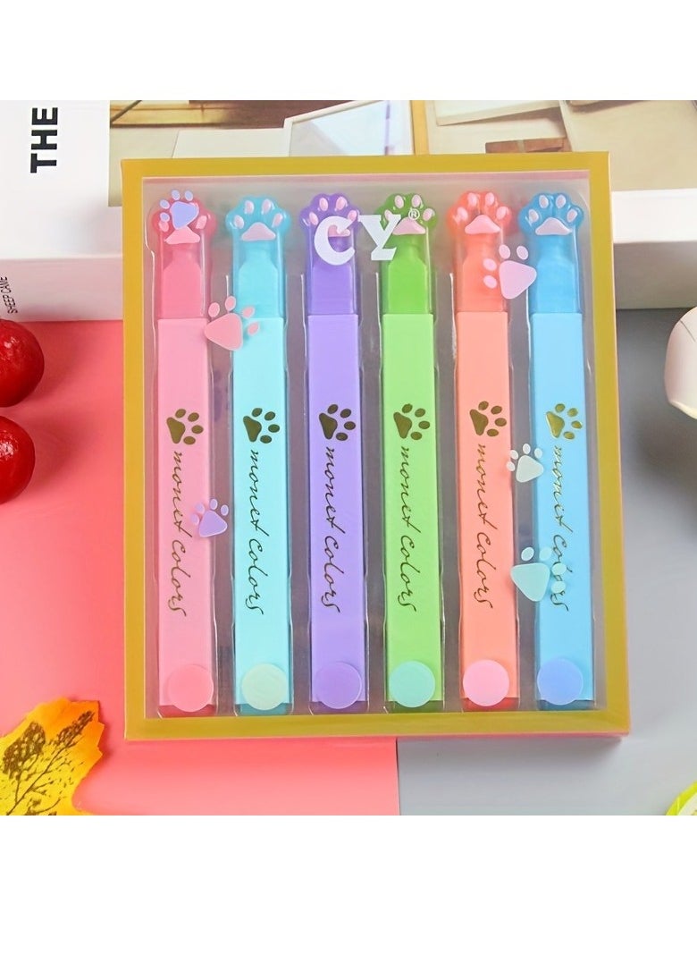 Generic 6pcs Cartoon Cat Claw Fluorescent Pen Set with Diagonal Head, Eye Protection, Student-Friendly Design, Vibrant Colors, and Smooth Writing Experience for Note Taking, Marking, and Colorful Creativity  - Image 1