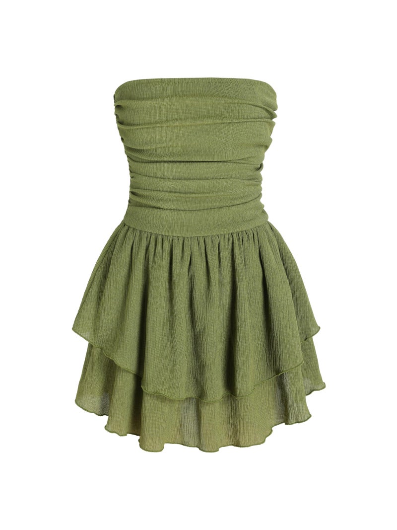 CIDER Women's Summer Cocktail Dress - Tube Ruched Ruffle Mini Dress: Green, Medium - Image 1