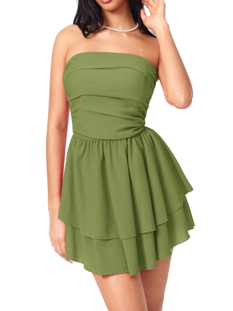 CIDER Women's Summer Cocktail Dress - Tube Ruched Ruffle Mini Dress: Green, Medium - Image 2