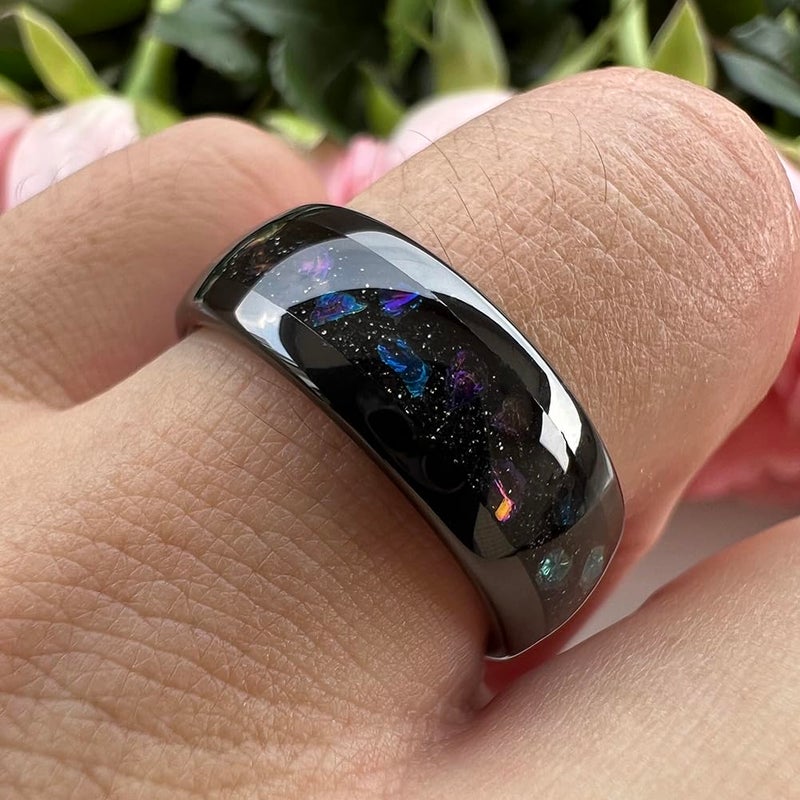 TUTISS 8mm Black Tungsten Rings for Men Women Outer Space Nebula Galaxy Gemstone Inlay Engagement Wedding Band Polished Comfort Fit Size 9.5 - Image 5