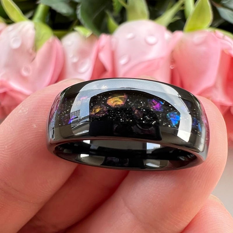 TUTISS 8mm Black Tungsten Rings for Men Women Outer Space Nebula Galaxy Gemstone Inlay Engagement Wedding Band Polished Comfort Fit Size 9.5 - Image 3