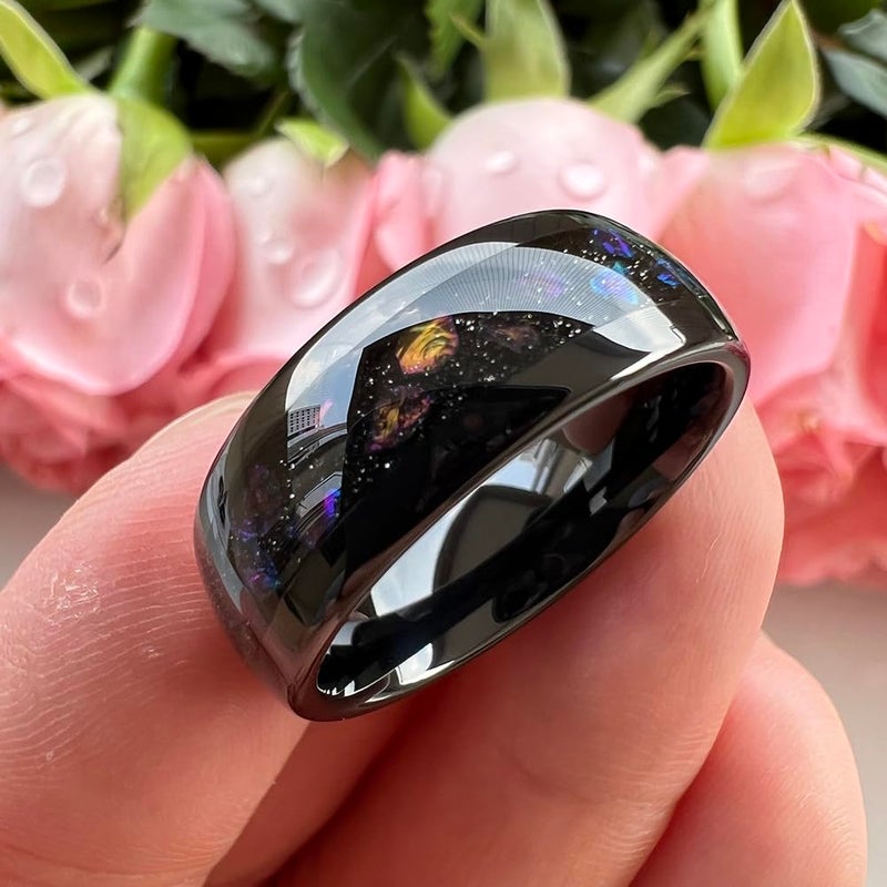 TUTISS 8mm Black Tungsten Rings for Men Women Outer Space Nebula Galaxy Gemstone Inlay Engagement Wedding Band Polished Comfort Fit Size 9.5 - Image 4