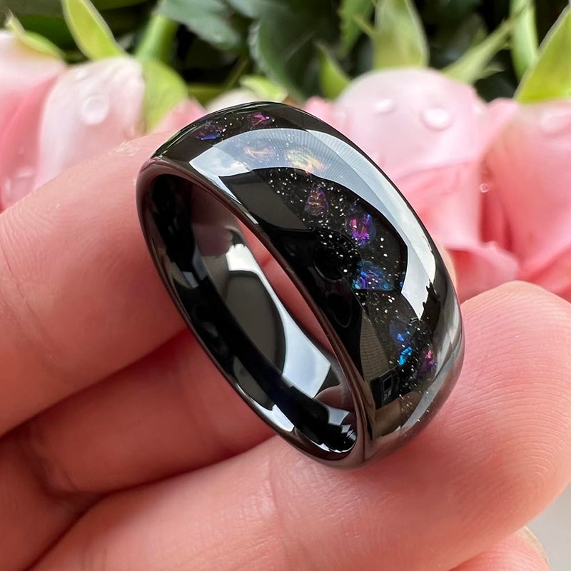 TUTISS 8mm Black Tungsten Rings for Men Women Outer Space Nebula Galaxy Gemstone Inlay Engagement Wedding Band Polished Comfort Fit Size 9.5 - Image 2