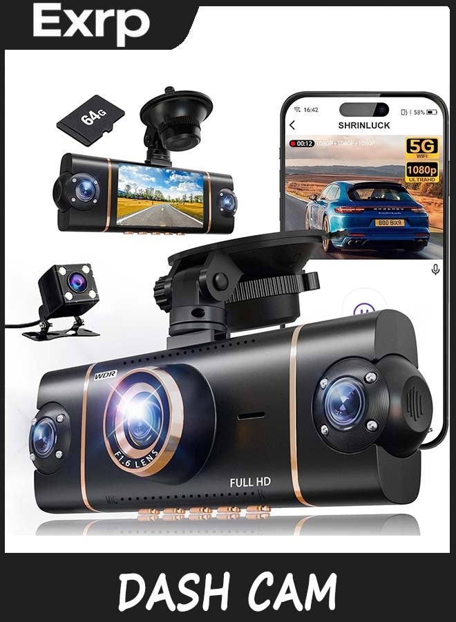 Exrp 4 Channel 360° Dash Cam Front Rear Inside & Left Right, 1080P*4 FHD Car Camera, 5GHz WiFi & App Control, 8 IR Lamps Night Vision, 24H Parking Mode, G-Sensor, Loop Recording, Includes 64GB SD Card - Image 1