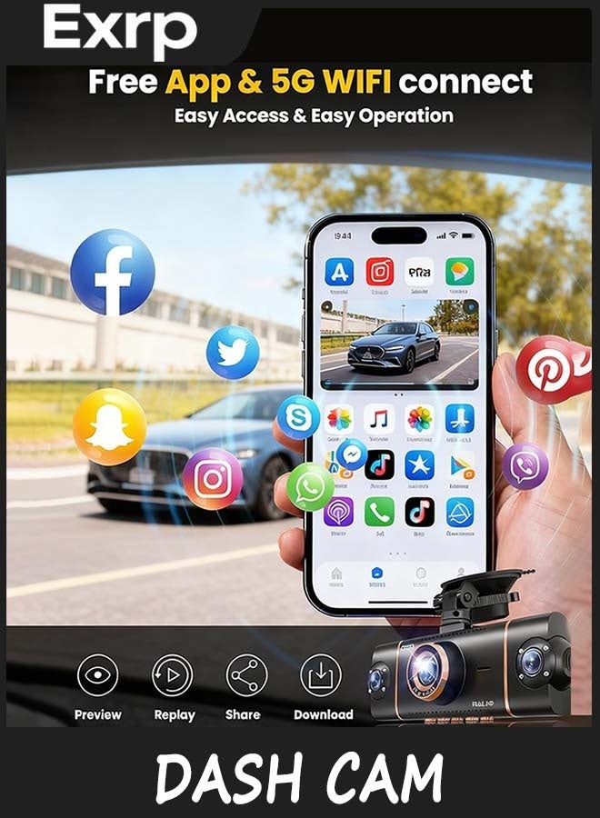 Exrp 4 Channel 360° Dash Cam Front Rear Inside & Left Right, 1080P*4 FHD Car Camera, 5GHz WiFi & App Control, 8 IR Lamps Night Vision, 24H Parking Mode, G-Sensor, Loop Recording, Includes 64GB SD Card - Image 5