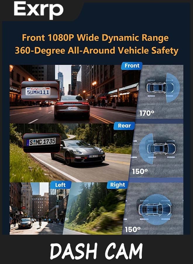 Exrp 4 Channel 360° Dash Cam Front Rear Inside & Left Right, 1080P*4 FHD Car Camera, 5GHz WiFi & App Control, 8 IR Lamps Night Vision, 24H Parking Mode, G-Sensor, Loop Recording, Includes 64GB SD Card - Image 2