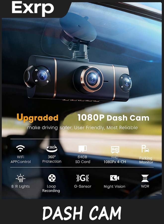 Exrp 4 Channel 360° Dash Cam Front Rear Inside & Left Right, 1080P*4 FHD Car Camera, 5GHz WiFi & App Control, 8 IR Lamps Night Vision, 24H Parking Mode, G-Sensor, Loop Recording, Includes 64GB SD Card - Image 3