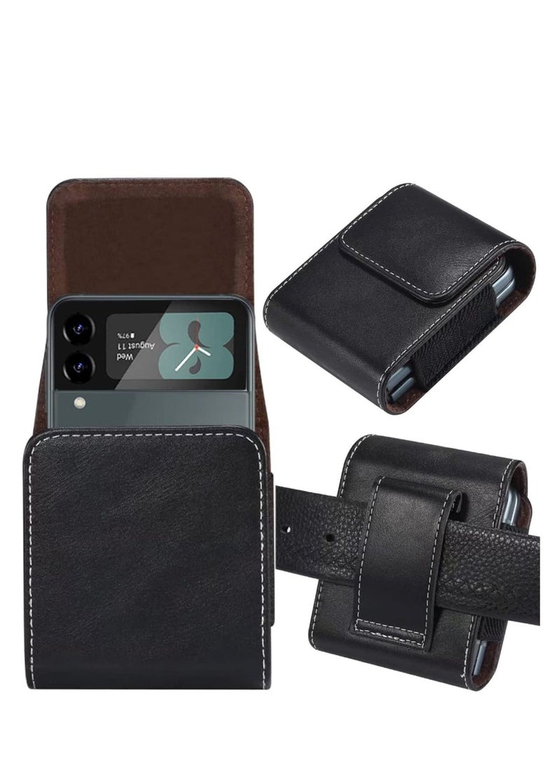 Y&D Samsung Galaxy Z Flip 4 / 3 Phone Pouch Holster Belt Case, Leather with Metal Clip+Magnetic Closure for 4,Z 3,Z Flip,Motorola RAZR-Black  - Image 1