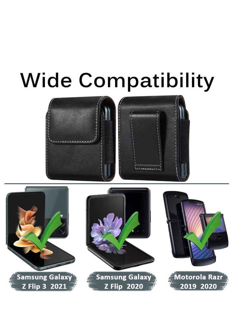 Y&D Samsung Galaxy Z Flip 4 / 3 Phone Pouch Holster Belt Case, Leather with Metal Clip+Magnetic Closure for 4,Z 3,Z Flip,Motorola RAZR-Black  - Image 2