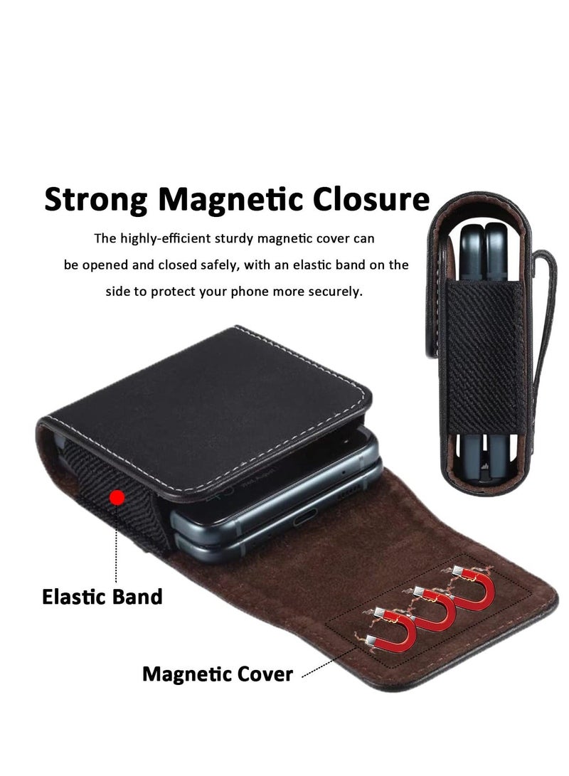 Y&D Samsung Galaxy Z Flip 4 / 3 Phone Pouch Holster Belt Case, Leather with Metal Clip+Magnetic Closure for 4,Z 3,Z Flip,Motorola RAZR-Black  - Image 5