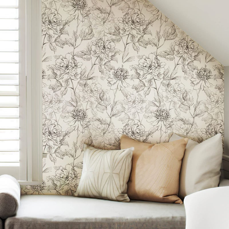 JiffDiff Black and White Floral Wallpaper Peonies Removable Peel and Stick Flower Wall Paper Sketched Self-Adhesive Prepasted Wallpaper Wall Decor (17.3" x 118") - Image 3
