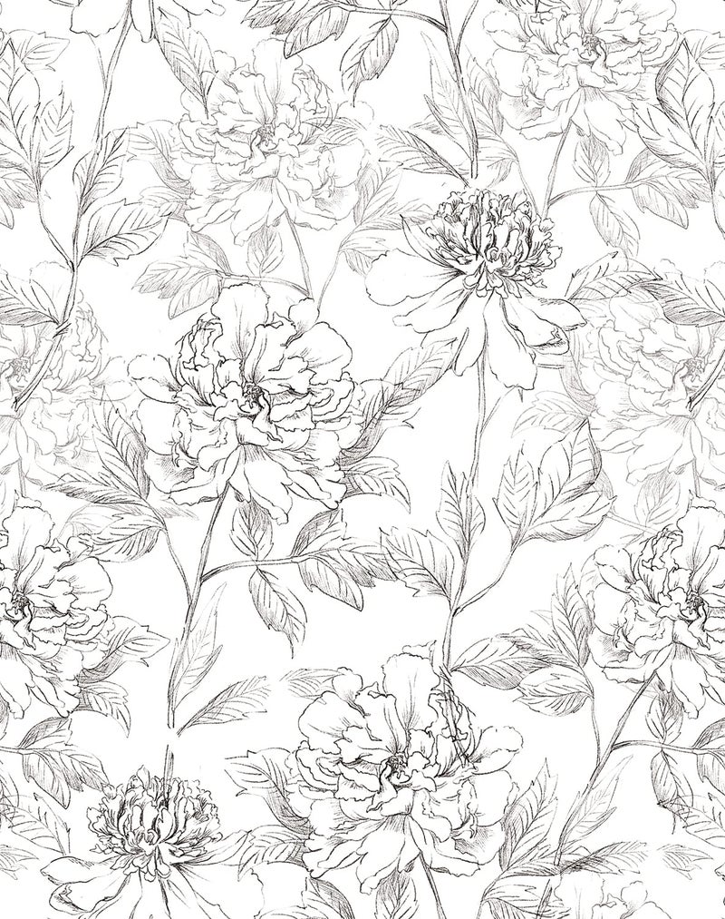 JiffDiff Black and White Floral Wallpaper Peonies Removable Peel and Stick Flower Wall Paper Sketched Self-Adhesive Prepasted Wallpaper Wall Decor (17.3" x 118") - Image 1