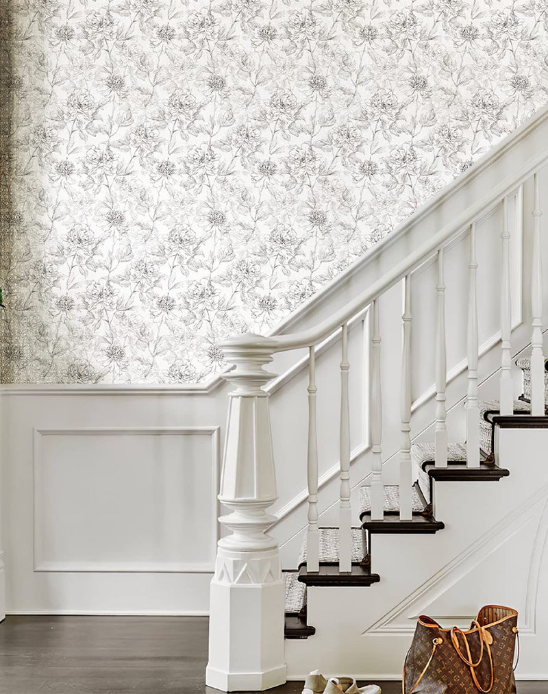 JiffDiff Black and White Floral Wallpaper Peonies Removable Peel and Stick Flower Wall Paper Sketched Self-Adhesive Prepasted Wallpaper Wall Decor (17.3" x 118") - Image 5
