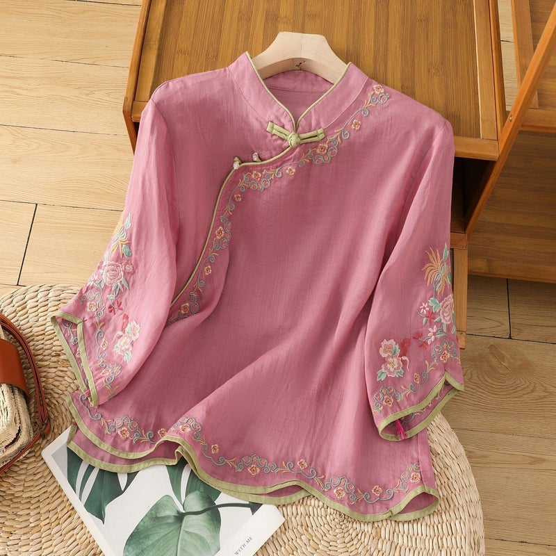 Summer slant lapel national style retro embroidery cotton and linen mothers top womens buckle color matching slim age-reducing seven-point sleeve Rose red