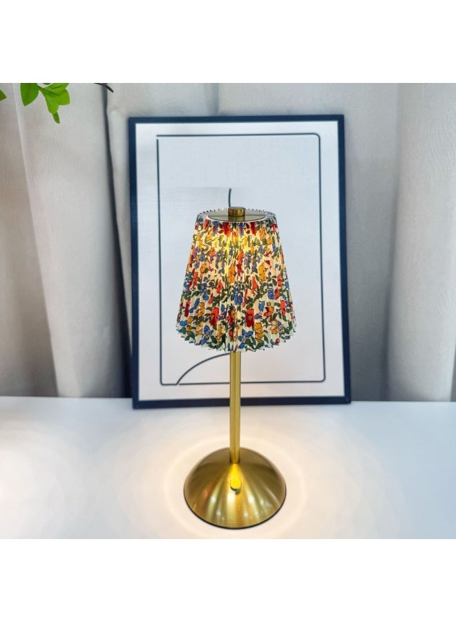 Country-style pleated fabric bedside lamp - touch-control, dark floral pattern, three brightness levels, rechargeable, suitable for bedroom, nursery, living room, etc. - Image 1