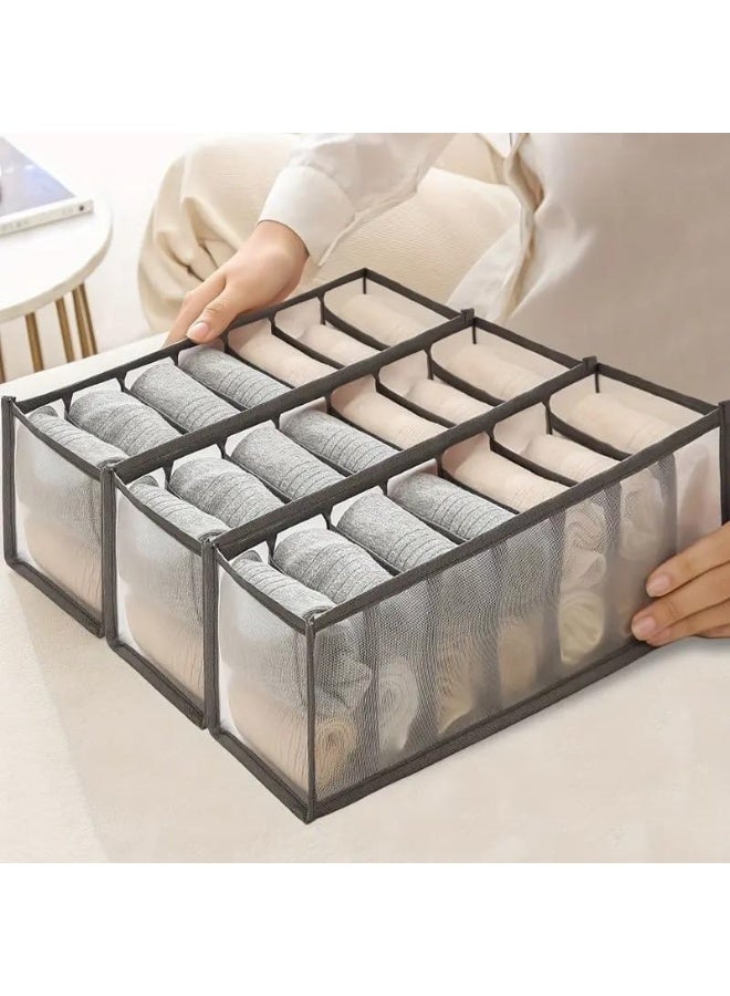 atorakushon Mesh 7 Grid Undergarments Organizer for Women | Clothes Organizer for Wardrobe| Storage Box for Clothes Innerwear Bra Panty Socks Ties - Pack of 3 Grey - Image 1