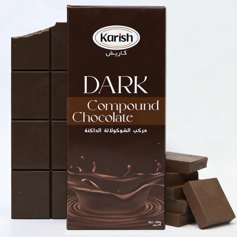 Karish Dark Compound Chocolate Block 490g – Rich Cocoa Flavor, Smooth Melt Chocolate Bar – Premium Dubai Inspired Dessert Chocolate for Baking, Molding & Gifting - Image 1