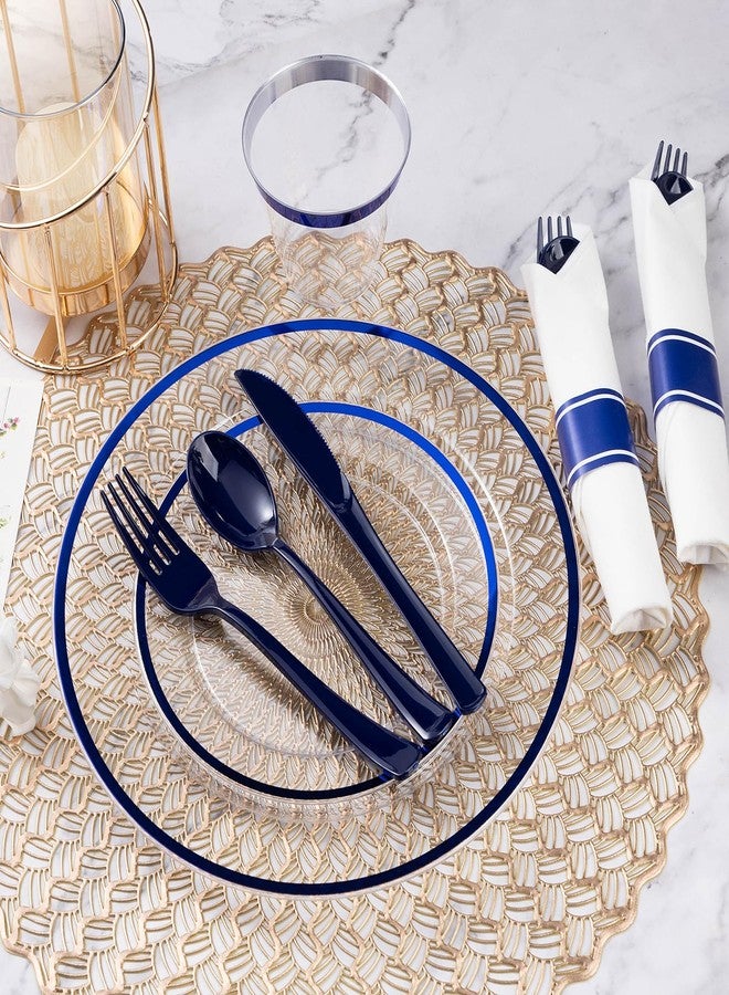 Goodluck 175 Piece Dark Blue Plastic Dinnerware Set for Party, Clear Disposable Plates for 25 Guests, Include: 25 Dinner Plates, 25 Dessert Plates, 25 Pre Rolled Napkins with Cutlery Set, 25 Cups - Image 4