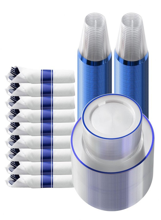 Goodluck 175 Piece Dark Blue Plastic Dinnerware Set for Party, Clear Disposable Plates for 25 Guests, Include: 25 Dinner Plates, 25 Dessert Plates, 25 Pre Rolled Napkins with Cutlery Set, 25 Cups - Image 1