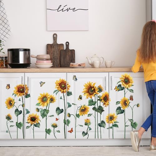 Aurbhosa Watercolor Sunflower Wall Sticker Peel and Stick Flower Butterfly Wall Decal Vintage Floral Plant Wall Art Mural Green Leaf Wall Stickers for Living Room Bedroom Decor - Image 2