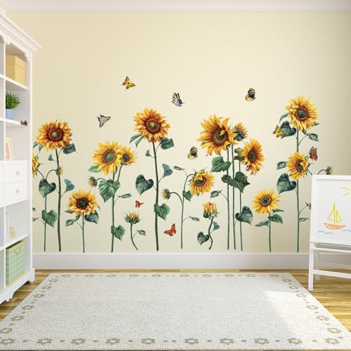 Aurbhosa Watercolor Sunflower Wall Sticker Peel and Stick Flower Butterfly Wall Decal Vintage Floral Plant Wall Art Mural Green Leaf Wall Stickers for Living Room Bedroom Decor - Image 4