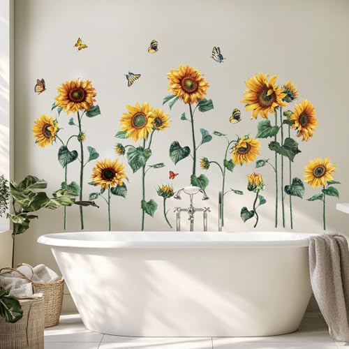 Aurbhosa Watercolor Sunflower Wall Sticker Peel and Stick Flower Butterfly Wall Decal Vintage Floral Plant Wall Art Mural Green Leaf Wall Stickers for Living Room Bedroom Decor - Image 1