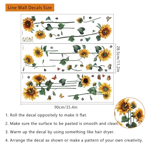 Aurbhosa Watercolor Sunflower Wall Sticker Peel and Stick Flower Butterfly Wall Decal Vintage Floral Plant Wall Art Mural Green Leaf Wall Stickers for Living Room Bedroom Decor - Image 5