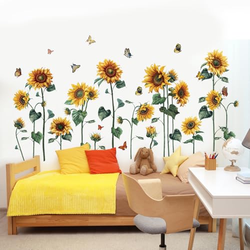 Aurbhosa Watercolor Sunflower Wall Sticker Peel and Stick Flower Butterfly Wall Decal Vintage Floral Plant Wall Art Mural Green Leaf Wall Stickers for Living Room Bedroom Decor - Image 3