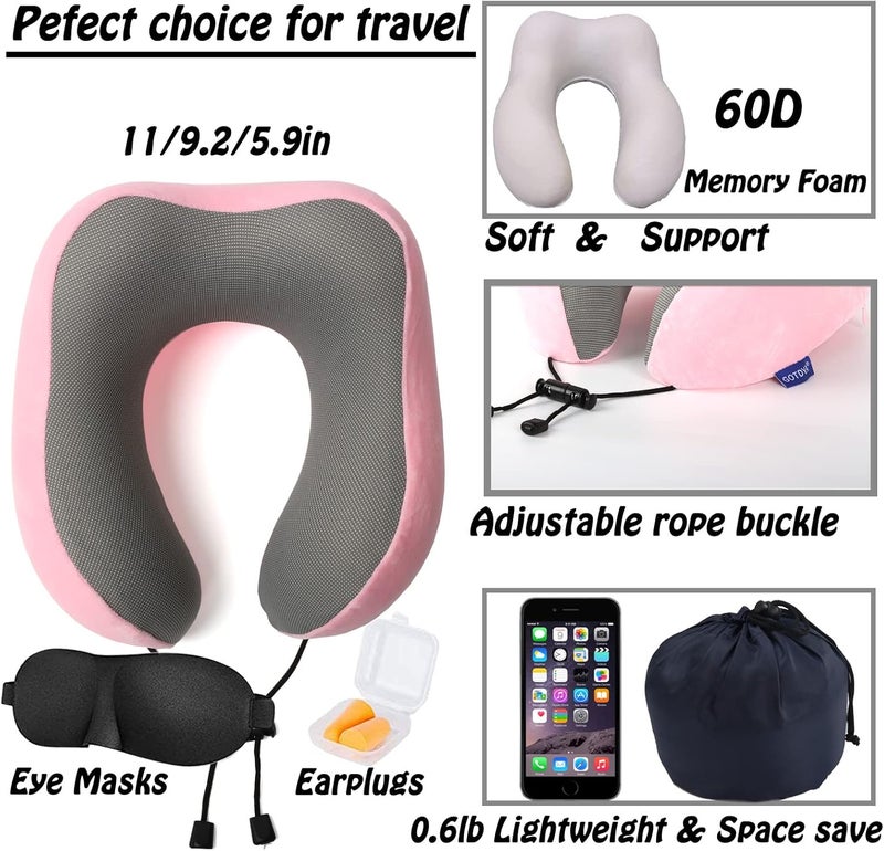 GOTDYA Travel Pillow - 100% Pure Memory Foam Neck Pillow for Airplane, Car, Office & Home Use - Pink - Image 2