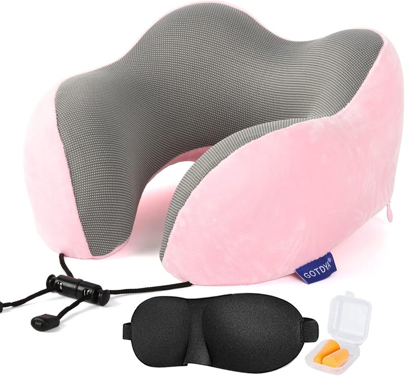 GOTDYA Travel Pillow - 100% Pure Memory Foam Neck Pillow for Airplane, Car, Office & Home Use - Pink - Image 1