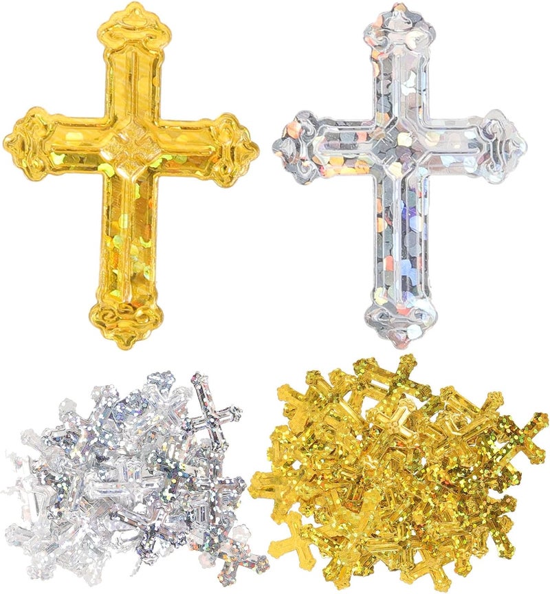 Healeved Cross Confetti for Baptism and Communion Party Decorations, Gold and Silver Shiny Table Scatter for Church Anniversary and Wedding Celebration - Image 1
