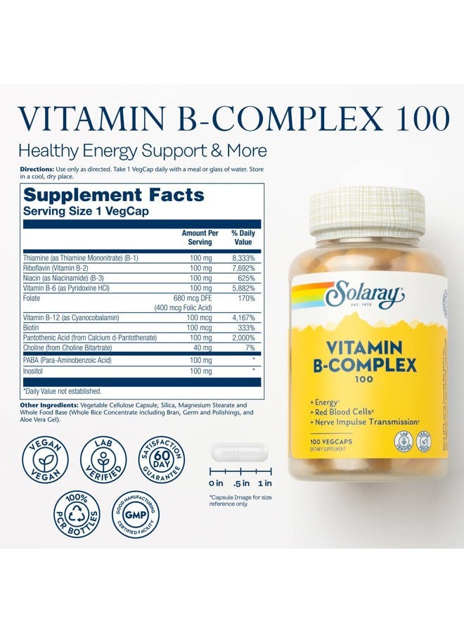 SOLARAY Vitamin B Complex, Healthy Energy Supplement, Red Blood Cell Formation, Nerve & Immune Support, Super B Complex Vitamins with Folic Acid, Vitamin B12, Vitamin B6 & More, Vegan, 100 VegCaps - Image 2