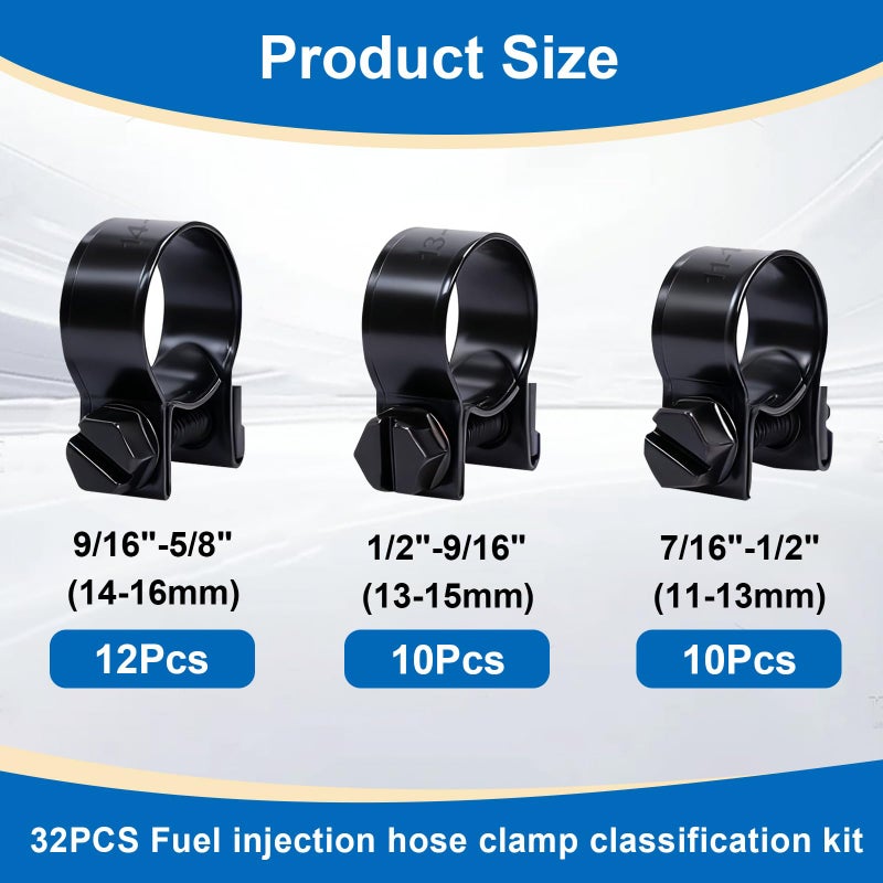 Tnisesm 32Pcs 1/4" 5/16" 3/8" Fuel Injection Gas Line Hose Clamps Black Clip Pipe Clamp Assortment Kit, Hoses Clamps Sleeving,for Automotive Diesel Petrol Pipe - Image 2