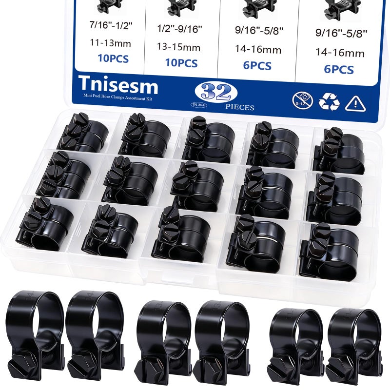 Tnisesm 32Pcs 1/4" 5/16" 3/8" Fuel Injection Gas Line Hose Clamps Black Clip Pipe Clamp Assortment Kit, Hoses Clamps Sleeving,for Automotive Diesel Petrol Pipe - Image 1