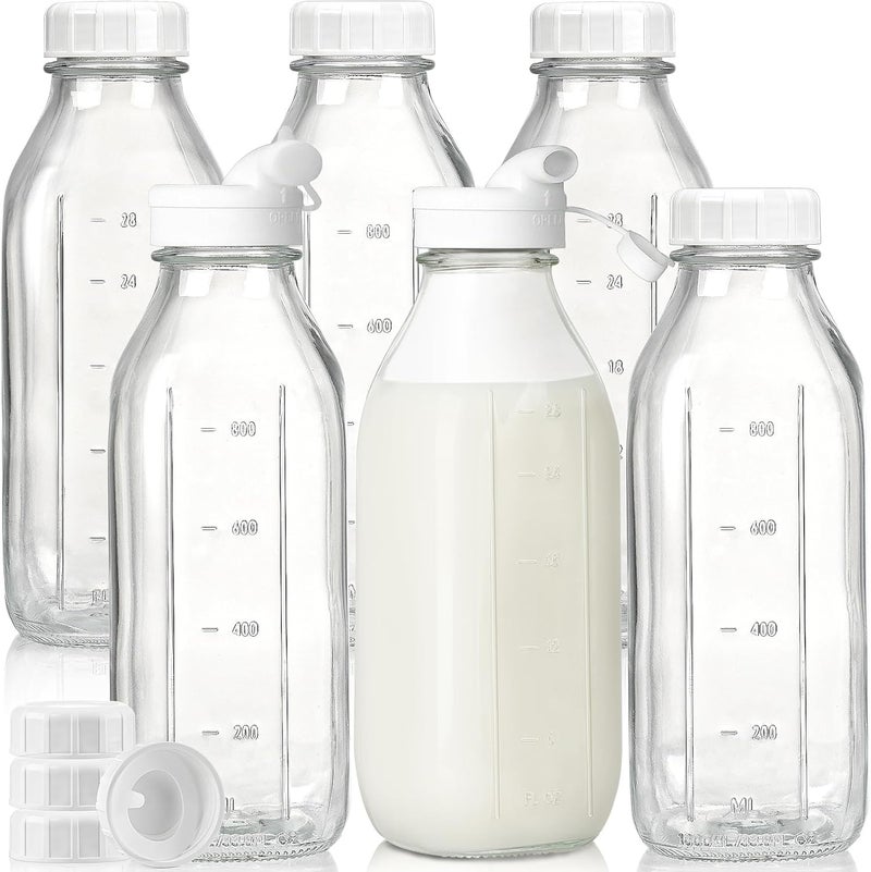 Syntic Liter Glass Milk Bottles w 100% Airtight Heavy Duty Screw Lid & 2 Dispenser- 6 Pack 32 Oz Drinking Jars - Food Grade Glass Bottles for Milk, Honey, Jam - Dishwasher Safe(Extra 2 Lids and Stickers) - Image 1