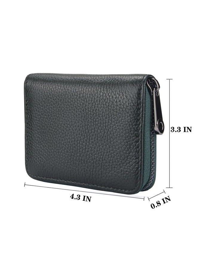 Suweibuke Genuine Leather Credit Card Holder Zipper Wallet RFID Blocking Secure Card Case ID Case Organizer, Black Green, Classical - Image 2