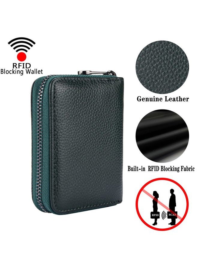 Suweibuke Genuine Leather Credit Card Holder Zipper Wallet RFID Blocking Secure Card Case ID Case Organizer, Black Green, Classical - Image 4