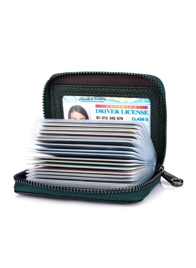 Suweibuke Genuine Leather Credit Card Holder Zipper Wallet RFID Blocking Secure Card Case ID Case Organizer, Black Green, Classical - Image 1