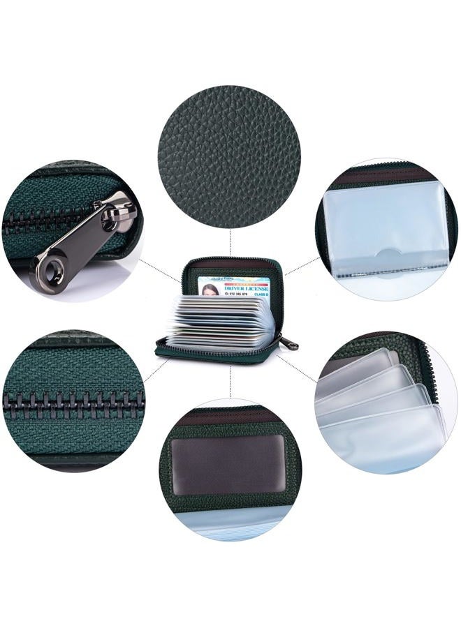 Suweibuke Genuine Leather Credit Card Holder Zipper Wallet RFID Blocking Secure Card Case ID Case Organizer, Black Green, Classical - Image 5