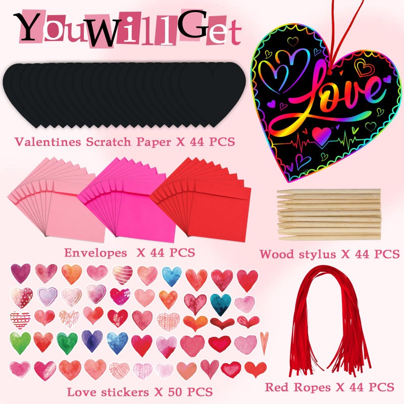 JMUQ 44Pack Valentine's Day Scratch Art Set, Heart-Shaped Rainbow Scratch Cards, Envelopes, Heart Stickers, Perfect Craft Kit for Classroom School Exchange Prizes Party Favors Creative Gifts - Image 2