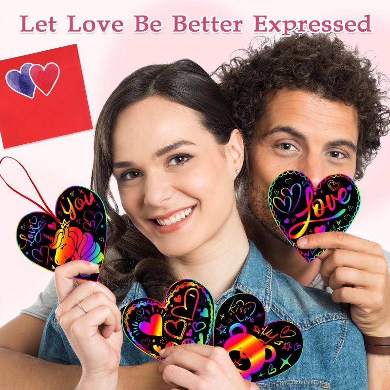 JMUQ 44Pack Valentine's Day Scratch Art Set, Heart-Shaped Rainbow Scratch Cards, Envelopes, Heart Stickers, Perfect Craft Kit for Classroom School Exchange Prizes Party Favors Creative Gifts - Image 5