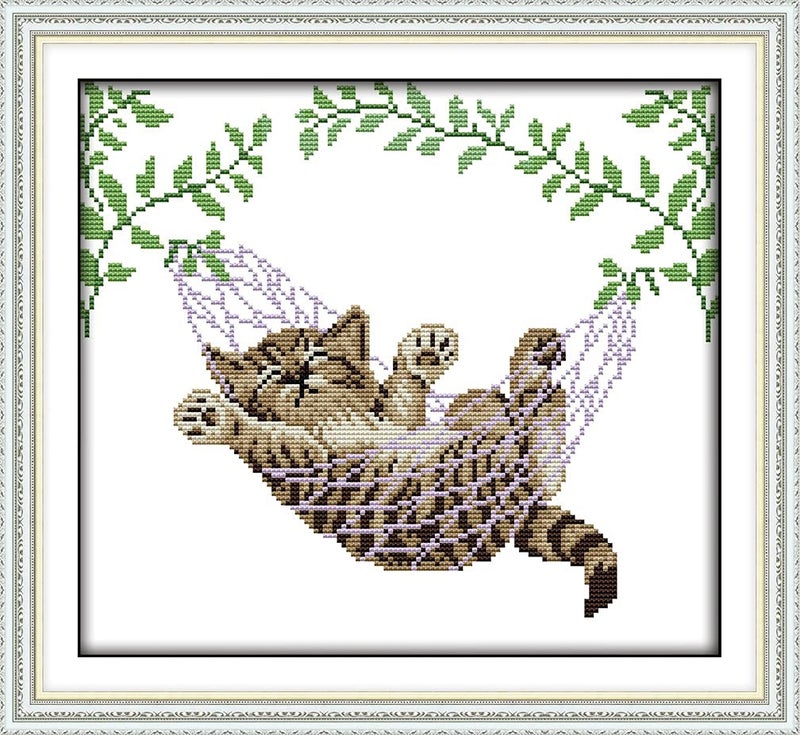 Amiiba Stamped Cross Stitch Kits Animal Cat on Hanging Basket DIY 11CT 161x149 inch Cat