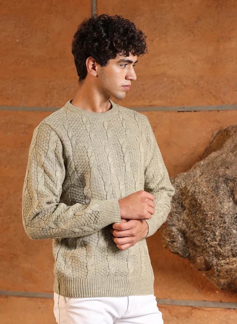 Campus Sutra Campus Sutra Men's Sand Beige Rope-Jacquard Knit Pullover Sweater | Round Neck , Ribbed Cuff Sleeves , Pull On Closure , Ribbed-Straight Hem | Solid Jacquard For Casual & Daily Wear