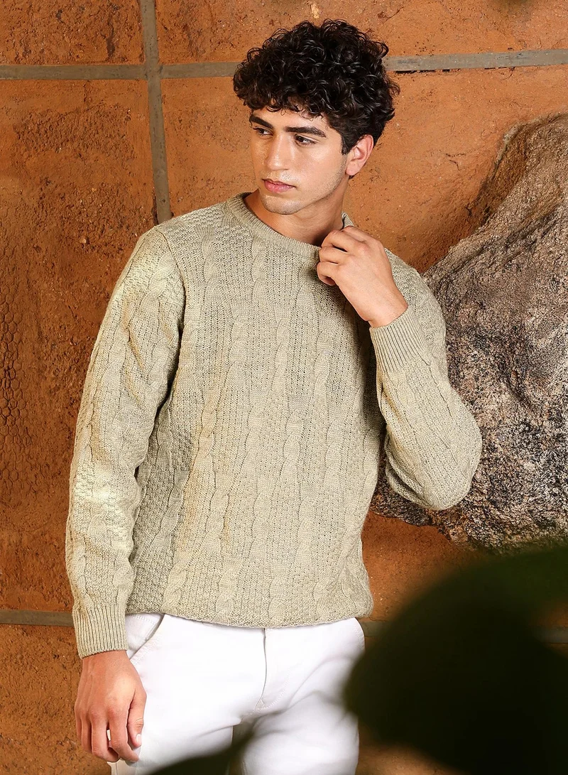 كامبوس سوترا Campus Sutra Men's Sand Beige Rope-Jacquard Knit Pullover Sweater | Round Neck , Ribbed Cuff Sleeves , Pull On Closure , Ribbed-Straight Hem | Solid Jacquard For Casual & Daily Wear