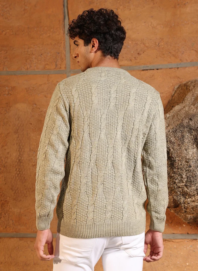 Campus Sutra Campus Sutra Men's Sand Beige Rope-Jacquard Knit Pullover Sweater | Round Neck , Ribbed Cuff Sleeves , Pull On Closure , Ribbed-Straight Hem | Solid Jacquard For Casual & Daily Wear