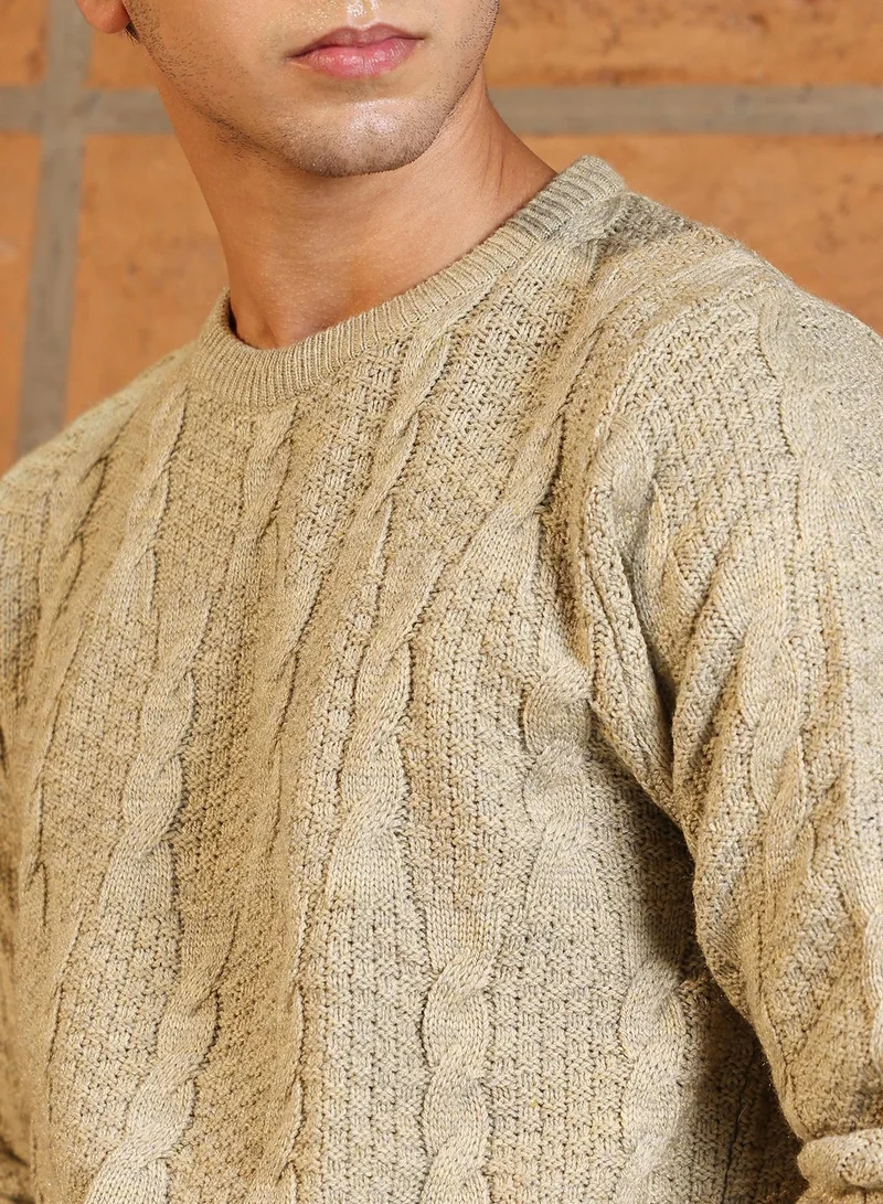 Campus Sutra Campus Sutra Men's Sand Beige Rope-Jacquard Knit Pullover Sweater | Round Neck , Ribbed Cuff Sleeves , Pull On Closure , Ribbed-Straight Hem | Solid Jacquard For Casual & Daily Wear