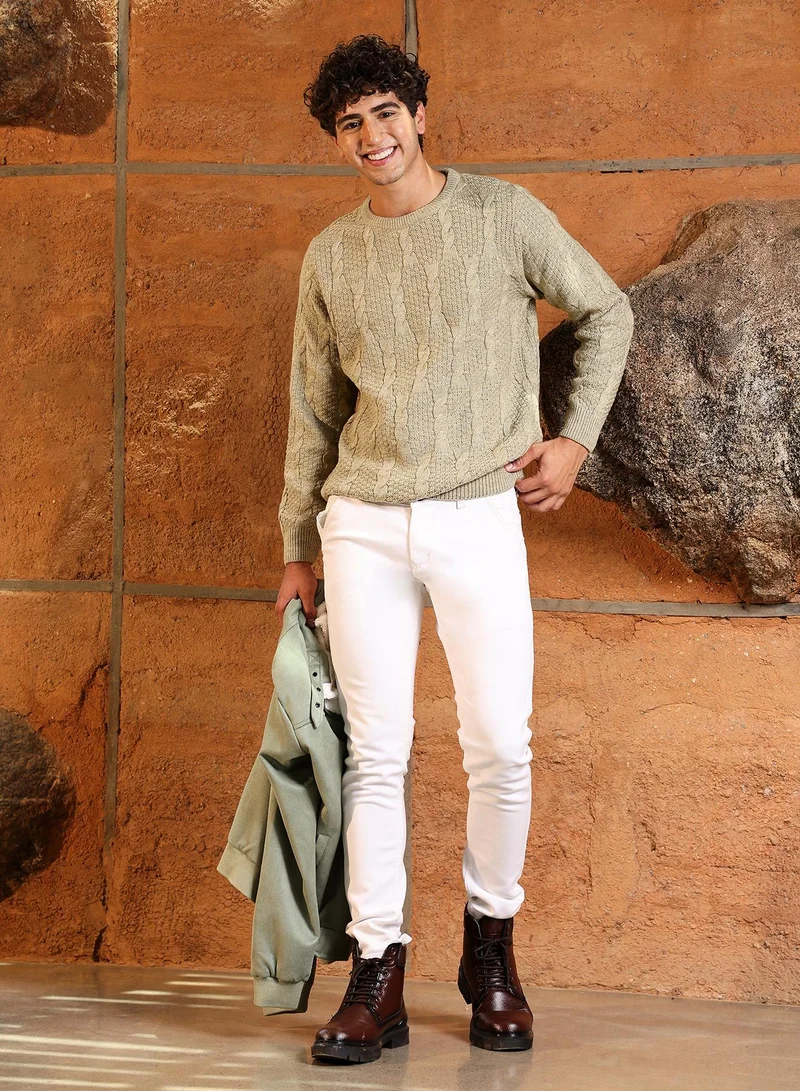 Campus Sutra Campus Sutra Men's Sand Beige Rope-Jacquard Knit Pullover Sweater | Round Neck , Ribbed Cuff Sleeves , Pull On Closure , Ribbed-Straight Hem | Solid Jacquard For Casual & Daily Wear