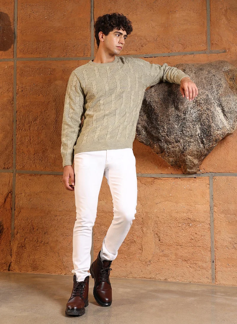 Campus Sutra Campus Sutra Men's Sand Beige Rope-Jacquard Knit Pullover Sweater | Round Neck , Ribbed Cuff Sleeves , Pull On Closure , Ribbed-Straight Hem | Solid Jacquard For Casual & Daily Wear